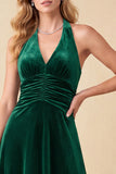 Dark Green A-Line Halter Velvet V-Neck Ruched Maxi Formal Dress