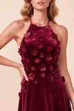 Burgundy A-Line Halter Velvet 3D Flower Long Formal Dress with Beading