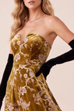 Mustard Gold A-Line Strapless V-Neck Velvet High-Low Formal Dress