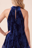 Navy A-Line Halter Velvet Maxi Formal Dress with Ruffles