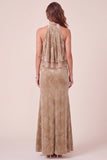 Champagne Sheath High Neck Velvet Ruffled Maxi Formal Dress