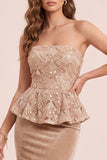 Khaki Mermaid Strapless Velvet Sequins Long Formal Dress with Appliques