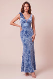 Blue Mermaid V-Neck Velvet Asymmetrical Tulle Long Formal Dress with 3D Flower