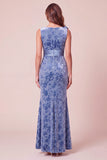 Blue Mermaid V-Neck Velvet Asymmetrical Tulle Long Formal Dress with 3D Flower