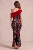 Red Mermaid Asymmetrical One Shoulder Velvet Printed Maxi Formal Dress