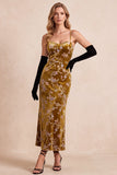 Mustard Gold Sheath Spaghetti Straps Velvet Printed Maxi Formal Dress