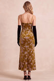 Mustard Gold Sheath Spaghetti Straps Velvet Printed Maxi Formal Dress