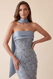 Grey Blue Bodycon Strapless Sequins Satin Maxi Formal Dress with Appliques