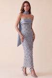 Grey Blue Bodycon Strapless Sequins Satin Maxi Formal Dress with Appliques