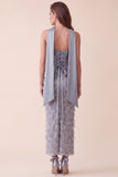 Grey Blue Bodycon Strapless Sequins Satin Maxi Formal Dress with Appliques