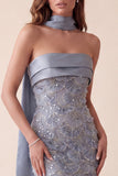 Grey Blue Bodycon Strapless Sequins Satin Maxi Formal Dress with Appliques