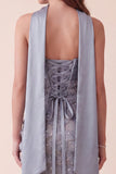 Grey Blue Bodycon Strapless Sequins Satin Maxi Formal Dress with Appliques