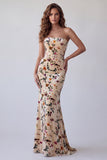 Champagne Printed Velvet Strapless Mermaid Maxi Formal Dress
