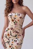 Champagne Printed Velvet Strapless Mermaid Maxi Formal Dress