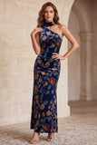 Dark Blue Sheath One Shoulder Velvet Printed Maxi Formal Dress