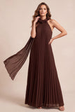 Chocolates A-Line Halter Chiffon Pleated Maxi Formal Dress with 3D Flower