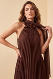 Chocolates A-Line Halter Chiffon Pleated Maxi Formal Dress with 3D Flower