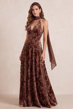Chocolates A-Line Velvet Halter Floral V-Neck Maxi Formal Dress with Chiffon Sash