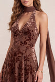 Chocolates A-Line Velvet Halter Floral V-Neck Maxi Formal Dress with Chiffon Sash