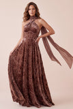 Chocolates Corset Velvet Halter A-Line Maxi Formal Dress with Chiffon Sash