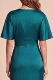 Peacock Green Sheath V-Neck Flutter Sleeves Satin Maxi Formal Dress with 3D Flower