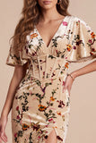 Champagne Corset Velvt V-Neck Printed Maxi Formal Dress with Side Slit