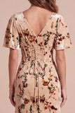 Champagne Corset Velvt V-Neck Printed Maxi Formal Dress with Side Slit