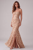 Champagne Mermaid Strapless Appliqued Long Formal Dress with Side Slit