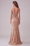 Champagne Mermaid Strapless Appliqued Long Formal Dress with Side Slit