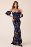 Dark Blue Velvet Corset Printed Mermaid Strapless Maxi Formal Dress with Detachable Puff Sleeves