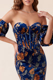 Dark Blue Velvet Corset Printed Mermaid Strapless Maxi Formal Dress with Detachable Puff Sleeves