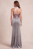 Grey Mermaid Halter Neck Velvet Sequins Long Formal Dress