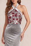 Grey Mermaid Halter Neck Velvet Sequins Long Formal Dress