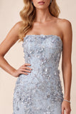 Dusty Blue Sheath Sequins Strapless Side Slit Long Formal Dress with 3D Flower