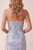 Dusty Blue Sheath Sequins Strapless Side Slit Long Formal Dress with 3D Flower