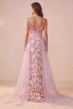 Pink Corset Mermaid Cowl Neck Floral Appliques Satin Maxi Formal Dress with Slit