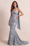 Dusty Blue Mermaid Strapless Fringed Sweep Train Formal Dress