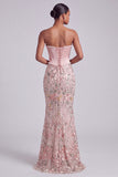 Pink Corset Mermaid Strapless Satin Sequins Embroidered Prom Dress with Pearls