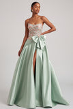 Green Corset A-Line Strapless Satin Appliques Prom Dress with Bow and Slit