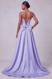 Lavender Corset Mermaid Strapless Satin Pearls Sequins Embroidery Prom Dress with Bow