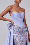 Lavender Corset Mermaid Strapless Satin Pearls Sequins Embroidery Prom Dress with Bow