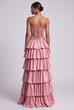 Dusty Rose Strapless Cut Out Tiered Ruffled Sequins Long Prom Dress