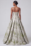 Sage Green Corset Ball Gown Strapless Jacquard Long Prom Dress with Pearls