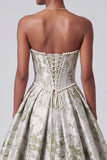 Sage Green Corset Ball Gown Strapless Jacquard Long Prom Dress with Pearls