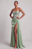 Green Corset Strapless Satin Feather Sequins Long Prom Dress with Side Slit