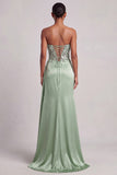 Green Corset Strapless Satin Feather Sequins Long Prom Dress with Side Slit