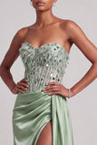 Green Corset Strapless Satin Feather Sequins Long Prom Dress with Side Slit