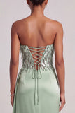 Green Corset Strapless Satin Feather Sequins Long Prom Dress with Side Slit