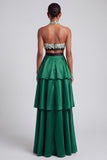 Dark Green A-Line Halter Tiered Ruffled Satin Cut Out Fringed Prom Dress with Bow