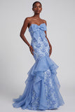 Blue Mermaid Strapless Ruffled Floral Appliques Organza Prom Dress with Bow